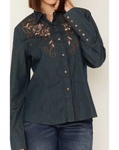Scully Women's Rose Embroidered Denim Long Sleeve Pearl Snap Western Shirt -Women - Western Cowboy 2000243849 400 P3