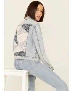 Driftwood Women's Light Wash Patchwork Cropped Button-Front Denim Jacket