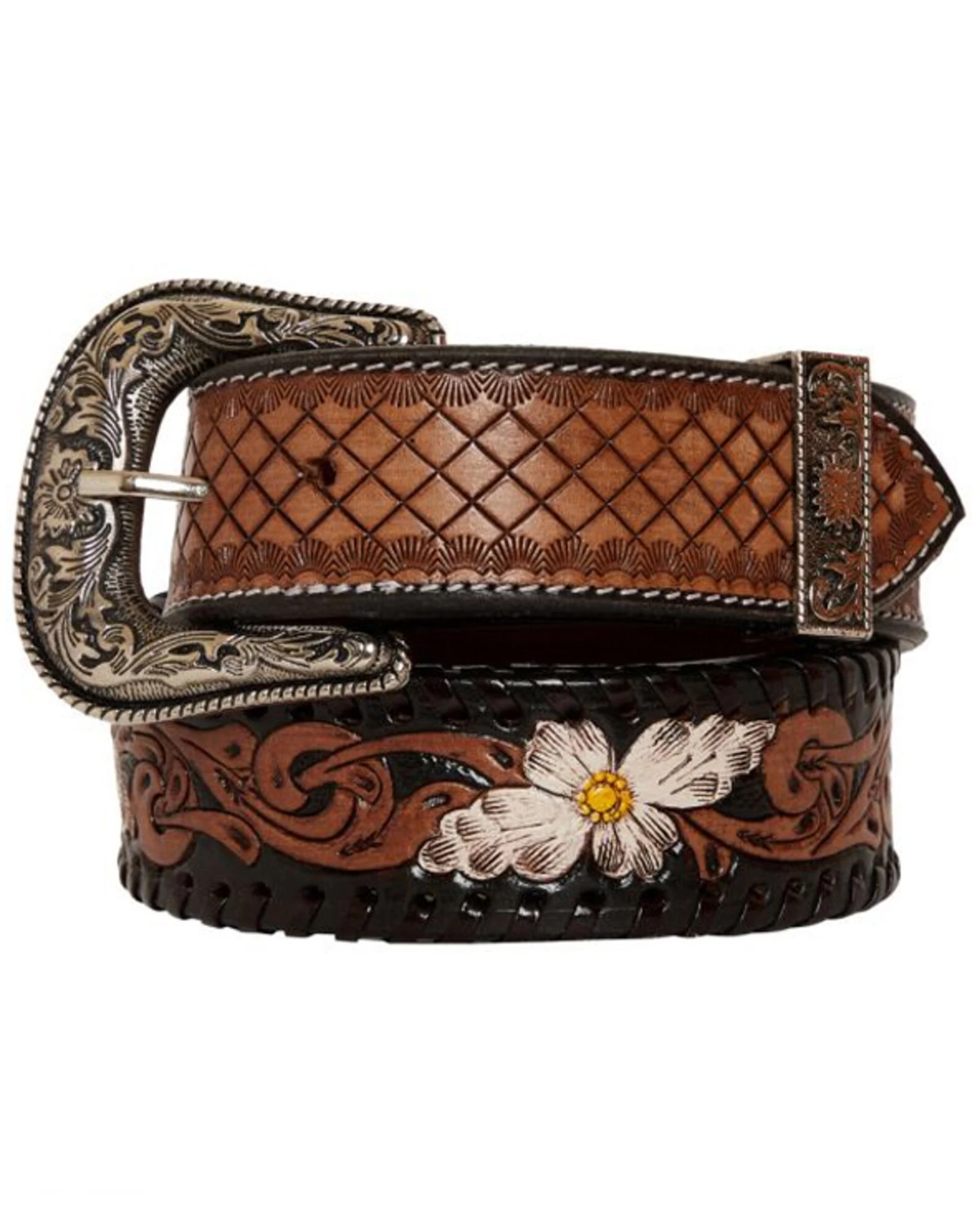 Myra Bag Women's Checkered Brown Hand Tooled Leather Belt 1 Myra Bag Women's Checkered Brown Hand Tooled Leather Belt
