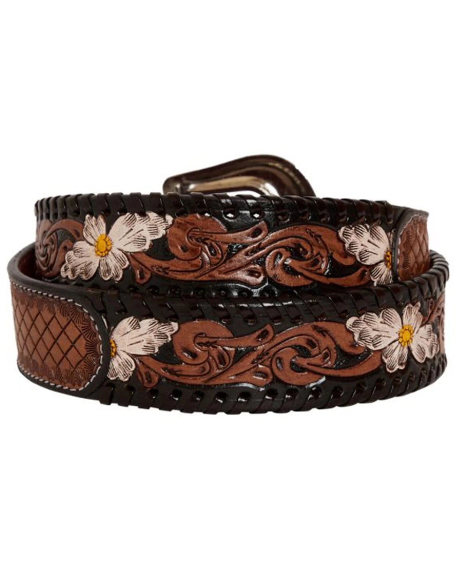 Myra Bag Women's Checkered Brown Hand Tooled Leather Belt 2 Myra Bag Women's Checkered Brown Hand Tooled Leather Belt - Image 2