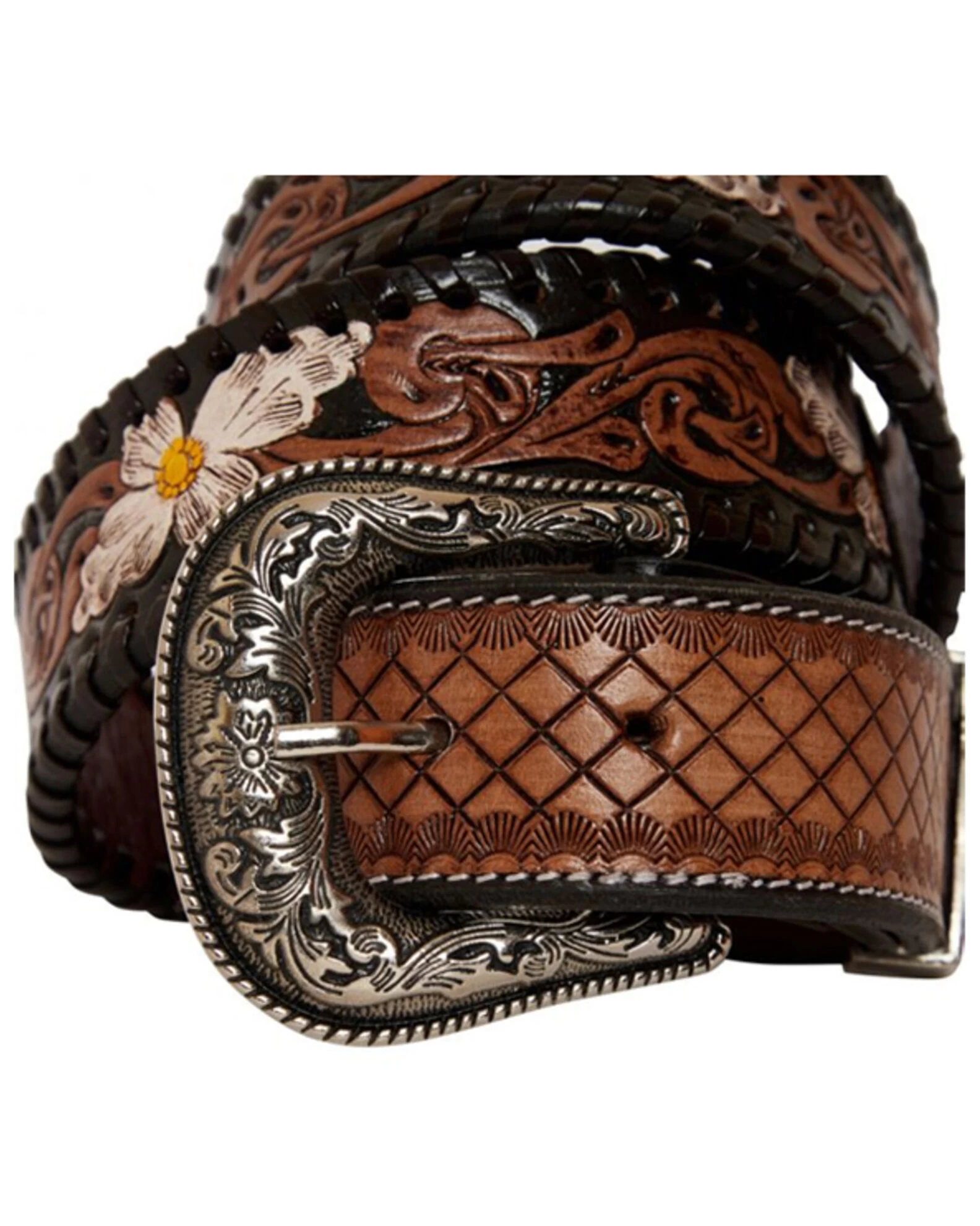 Myra Bag Women's Checkered Brown Hand Tooled Leather Belt 3 Myra Bag Women's Checkered Brown Hand Tooled Leather Belt - Image 3