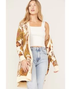 Cleo + Wolf Women's Floral Knit Jacquard Long Cardigan Sweater 8 Cleo + Wolf Women's Floral Knit Jacquard Long Cardigan Sweater -Women - Western Cowboy 2000372896 110 P3
