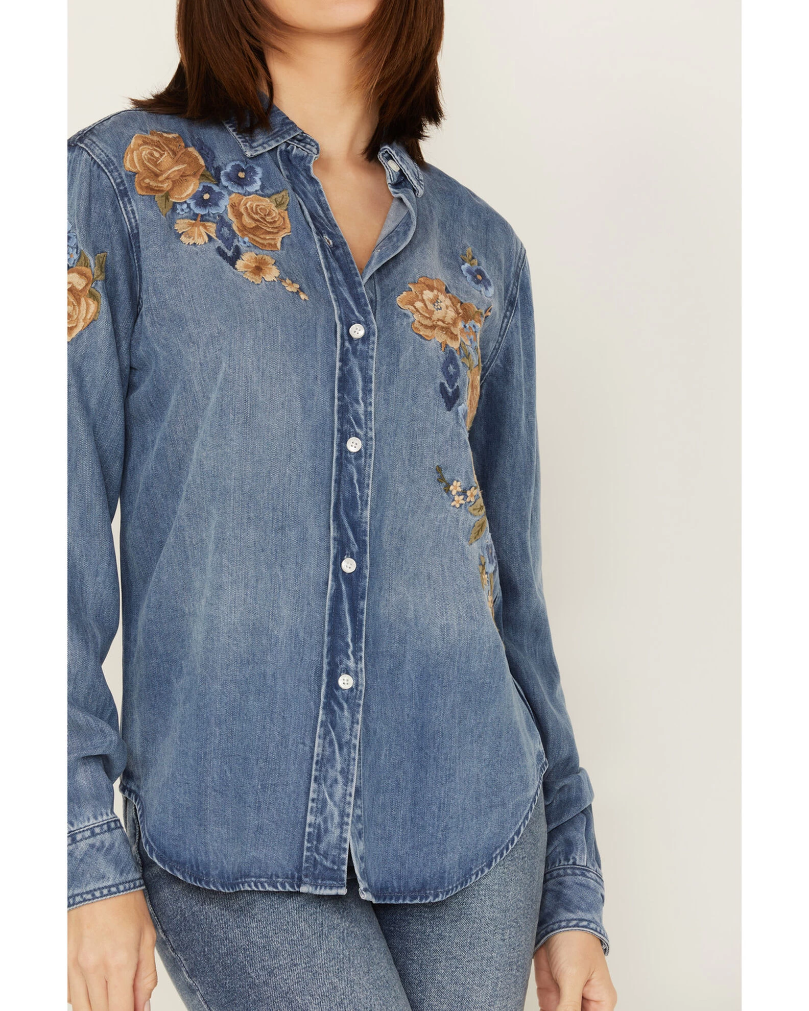 Stetson Women's Floral Embroidered Medium Wash Long Sleeve Button Down Shirt 3 Stetson Women's Floral Embroidered Medium Wash Long Sleeve Button Down Shirt - Image 3