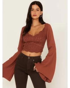 Shyanne Women's Embroidered Mesh Dot Poet Sleeve Crop Top -Women - Western Cowboy 2000380617 200 P1