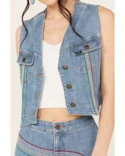 Lee Women's Light Wash Denim Button Up Rainbow Vest -Women - Western Cowboy 2000382467 400 P3