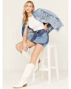 Rock & Roll Denim Medium Wash Patch Denim Skirt -Women - Western Cowboy 2000385068 400 P1