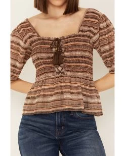 Shyanne Women's Smocked Lace-Up Print Top -Women - Western Cowboy 2000387036 210 P3