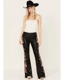 Driftwood Women's High Rise Vegan Leather Fallen Roses Flare Pants -Women - Western Cowboy 2000392197 001 P1